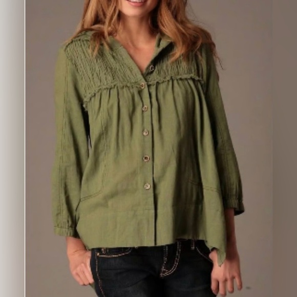 Free People Olive Army Green Hooded Jacket Button Down Shirt Top - Picture 2 of 6